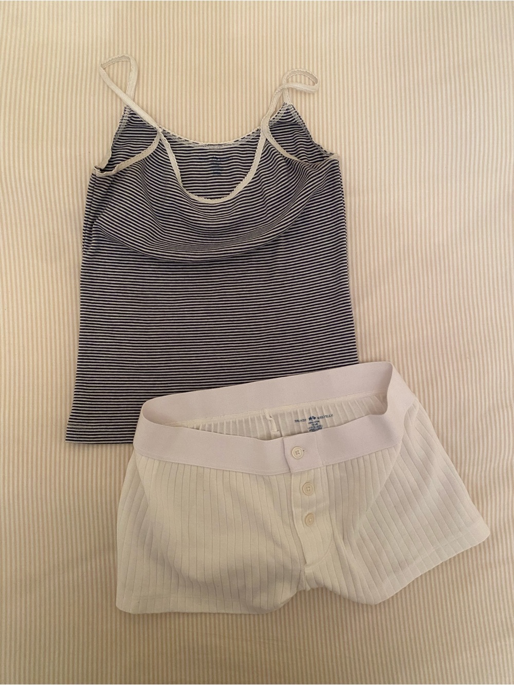 Brandy Melville Pajama Set: Navy Striped Cami with White Ribbed Boxer Shorts
